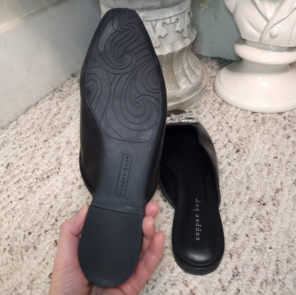 Copper Key Glimmer Black Leather Slip-On Mules with Rhinestone Bow Accent - Picture 7 of 8